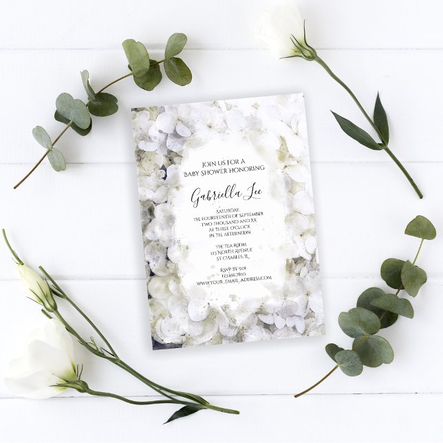 White Hydrangea Flower Watercolor Baby Shower Invitation (Creator Uploaded)