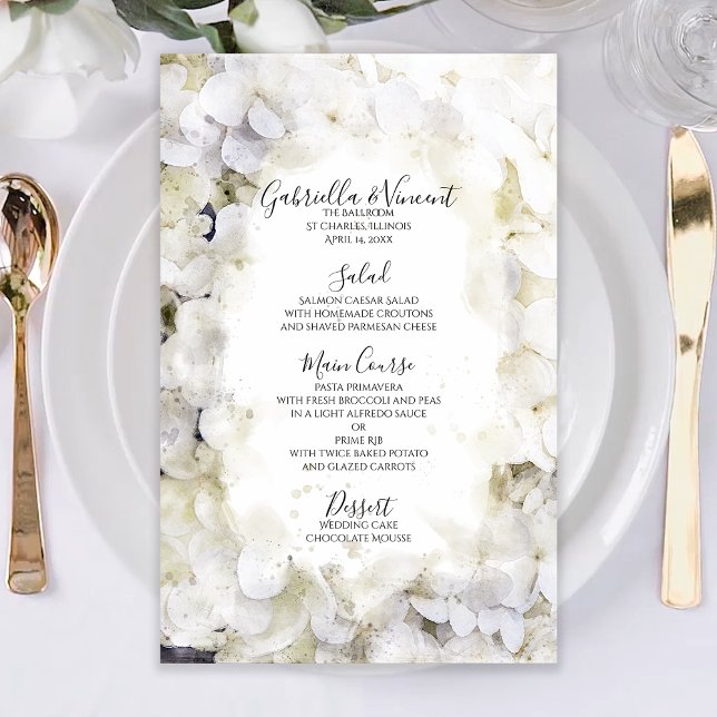 White Hydrangea Flowers Watercolor Wedding Menu (Creator Uploaded)