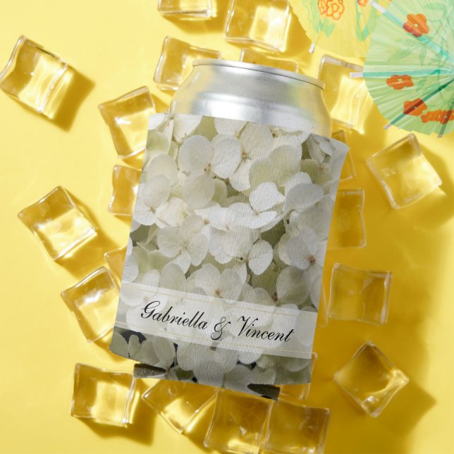 White Hydrangea Flowers Wedding Favour Can Cooler (In Situ Summer)