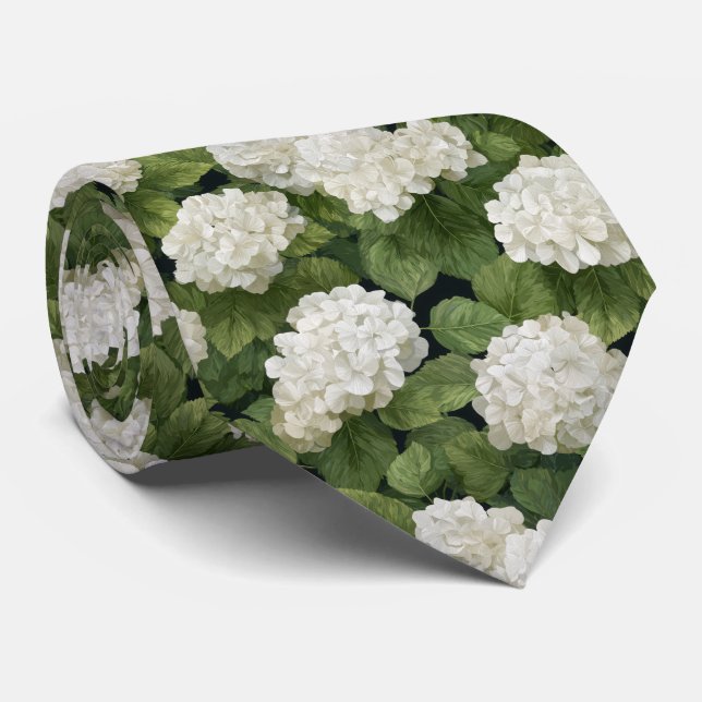 White Hydrangea Flowers with Green Leaves Pattern Tie (Rolled)