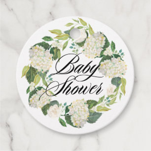 White Hydrangea Flowers Wreath Baby Shower Favour Tags