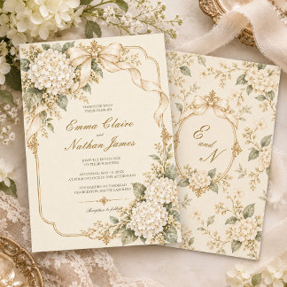 White Hydrangea Gold Frame Heirloom Wedding Invitation