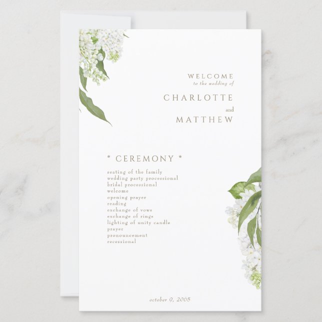 White Hydrangea Gold Text Wedding Program (Front)
