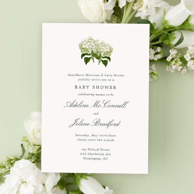 White Hydrangea Grandmillennial Double Baby Shower Invitation (double mama baby shower with green and white hydrangea flowers and elegant grand millennial text)