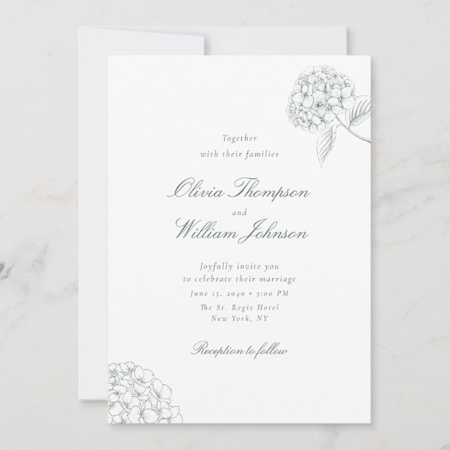 White Hydrangea Green Wedding Invitation (Front)
