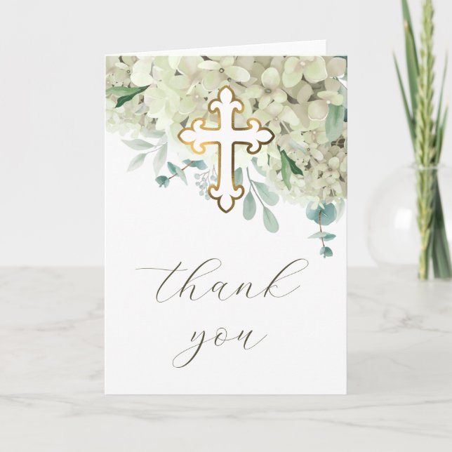 White Hydrangea Holy Cross Religious Thank You Card (Front)