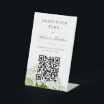 White Hydrangea Honeymoon Fund Donation Sign<br><div class="desc">This easy to customise table top sign solicits donations for a cause at events with an easy to scan QR code directing people to your specific website. In this format it offers wedding and shower guests to donate to the couple's honeymoon fund. Classic fonts in charcoal on white and chic...</div>