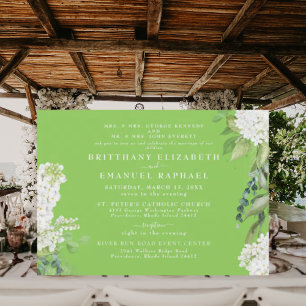 White Hydrangea Lime Green Both Parents Wedding II Invitation