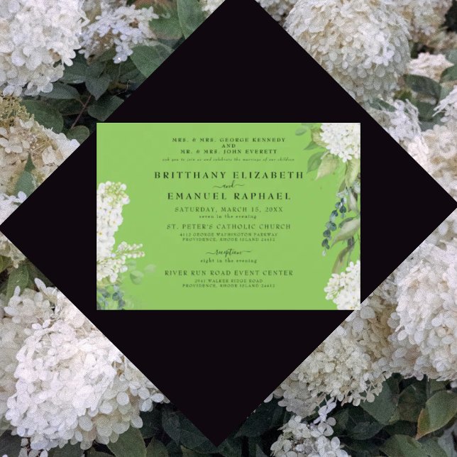 White Hydrangea Lime Green Both Parents Wedding Invitation (Creator Uploaded)