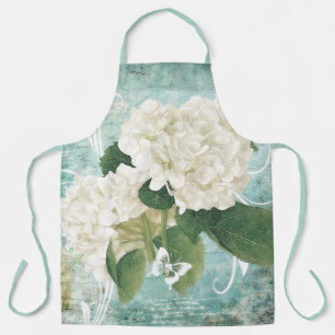 White hydrangea on blue apron