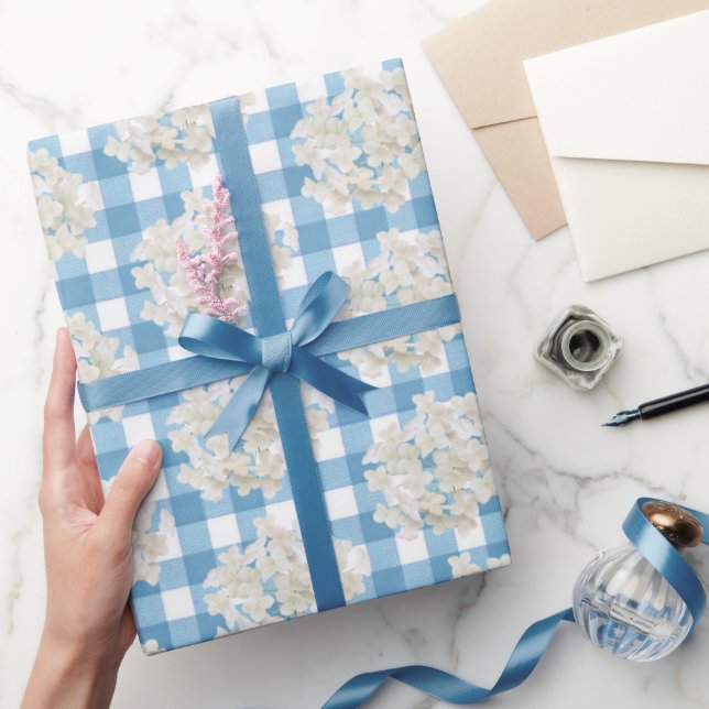 White Hydrangea On Blue Gingham Wrapping Paper (Gifting)