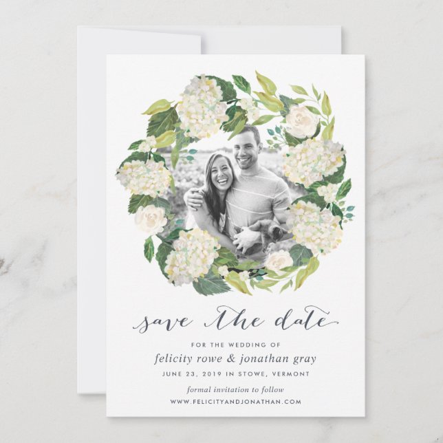 White Hydrangea | Photo Save the Date Card (Front)