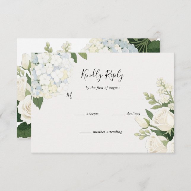 White Hydrangea Rose Elegant Wedding RSVP Card (Front/Back)