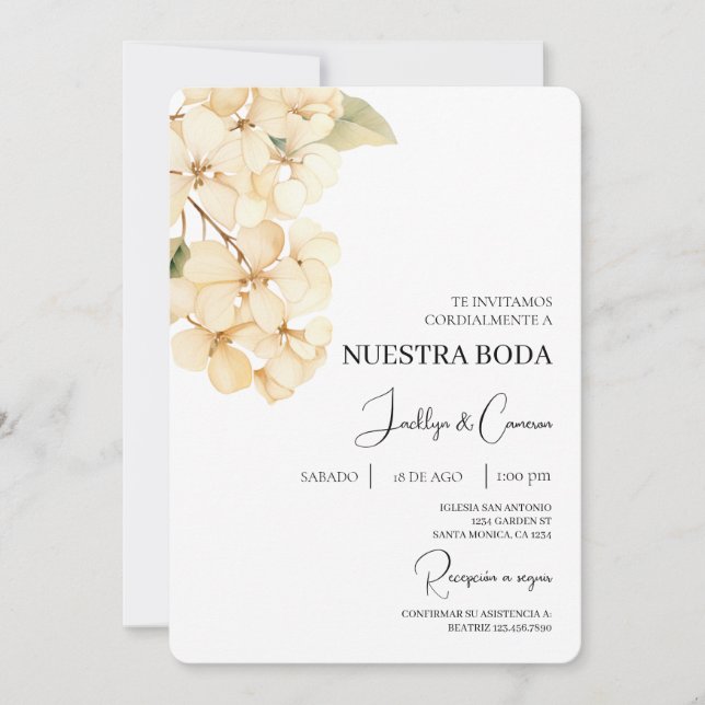 White Hydrangea Spanish Wedding Invitation (Front)
