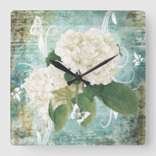 White hydrangea square wall clock