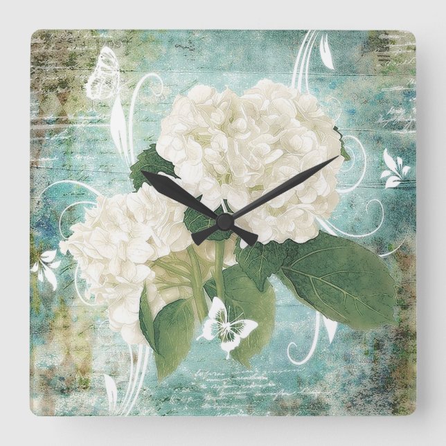 White hydrangea square wall clock (Front)