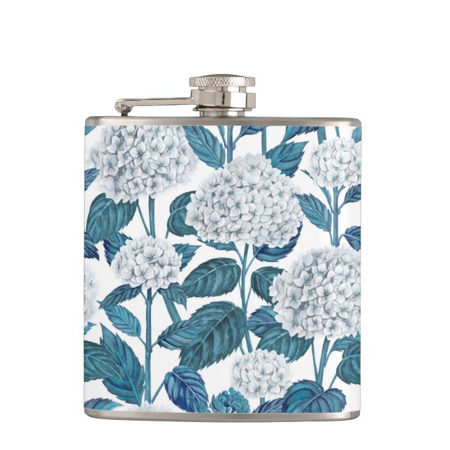 White hydrangea watercolor hip flask (Front)