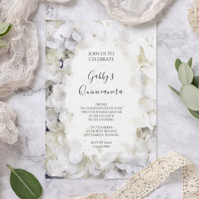 White Hydrangea Watercolor Quinceanera Party Invitation (Creator Uploaded)