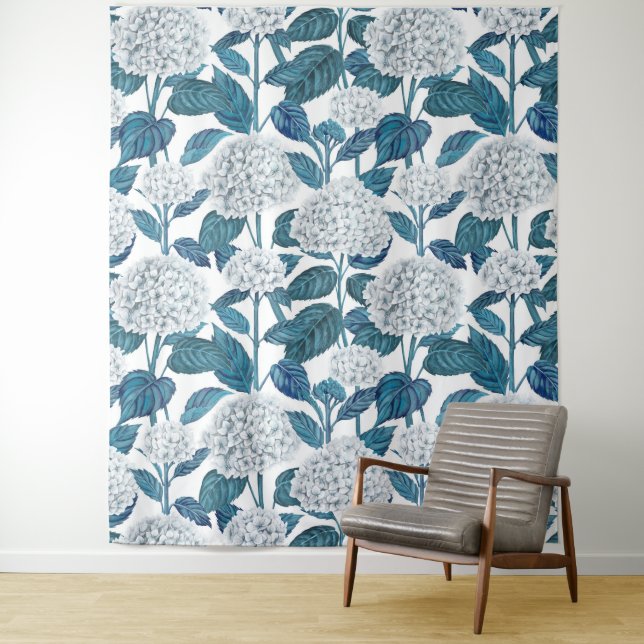 White hydrangea watercolor tapestry (In Situ)