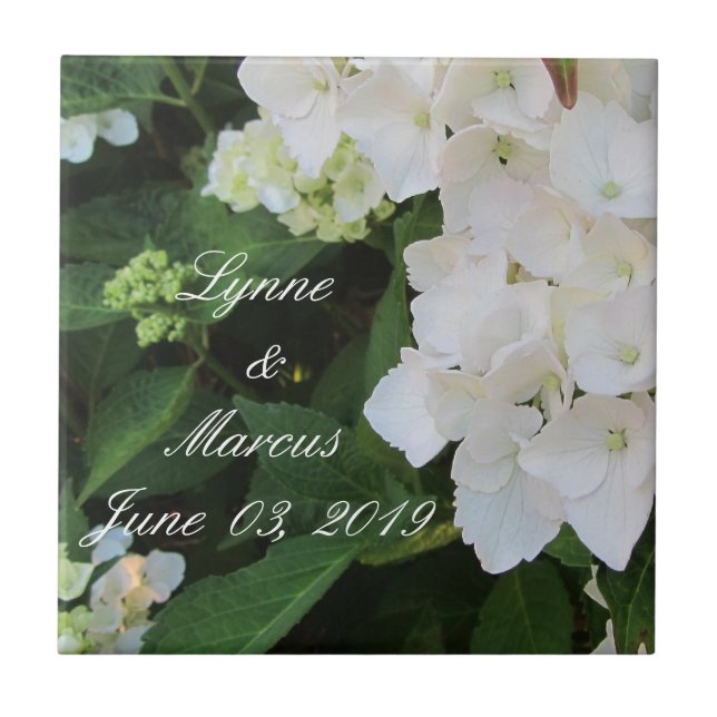 White Hydrangea Wedding Date Keepsake Tile (Front)