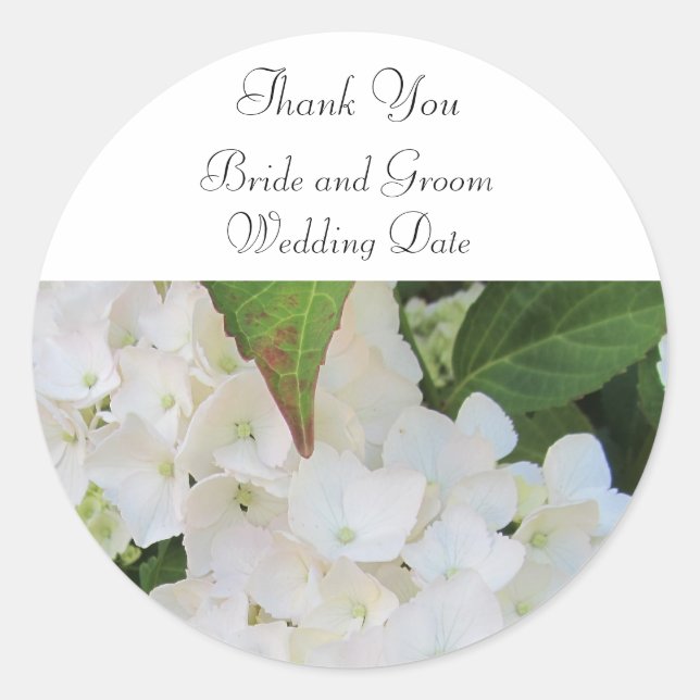 White Hydrangea Wedding Thank You Classic Round Sticker (Front)