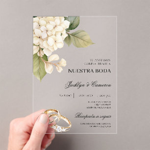 White Hydrangea with ring Spanish Wedding Acrylic Invitations