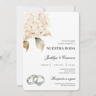 White Hydrangea with ring Spanish Wedding Invitation