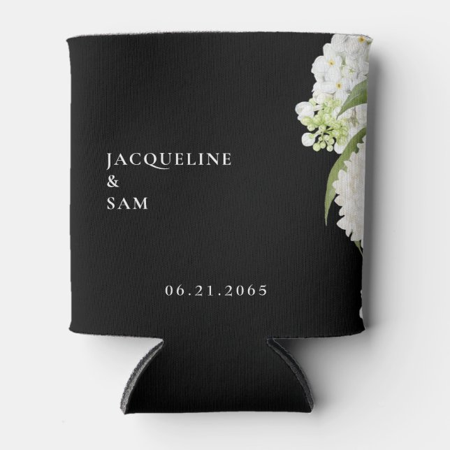 White Hydrangeas Black Wedding Favour II Can Cooler (Front)