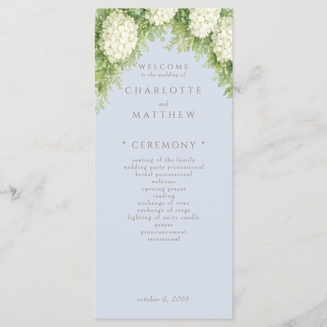 White Hydrangeas Dusty Blue Wedding Program (Front)