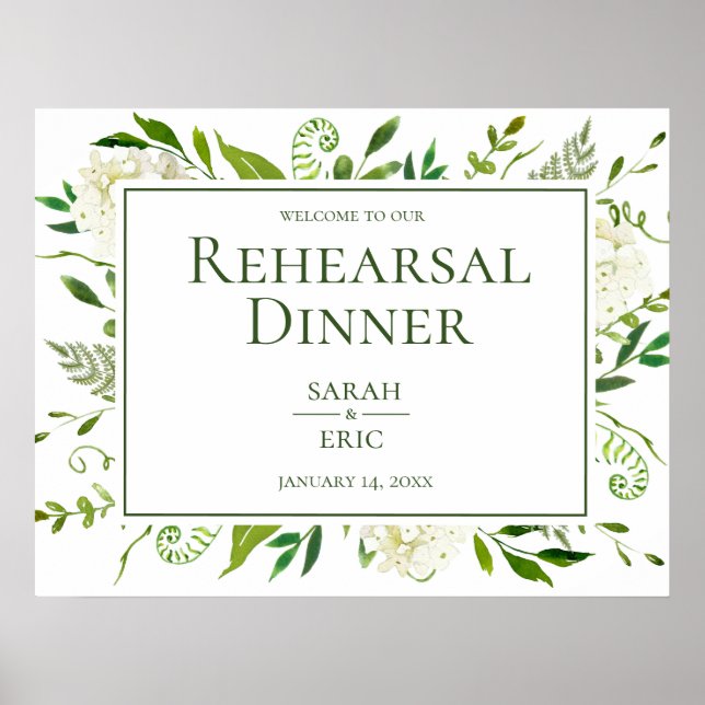 White Hydrangeas Floral Rehearsal Dinner Sign (Front)