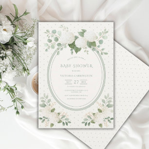 White Hydrangeas Floral Vintage Green Baby Shower Invitation