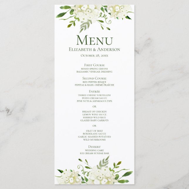 White Hydrangeas Floral Watercolor Wedding Menu (Front)