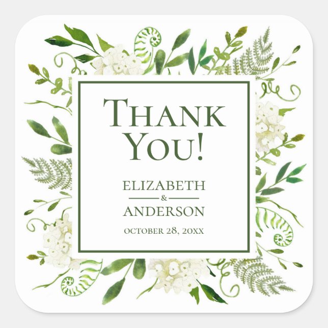 White Hydrangeas Floral Wedding Thank You Square Sticker (Front)