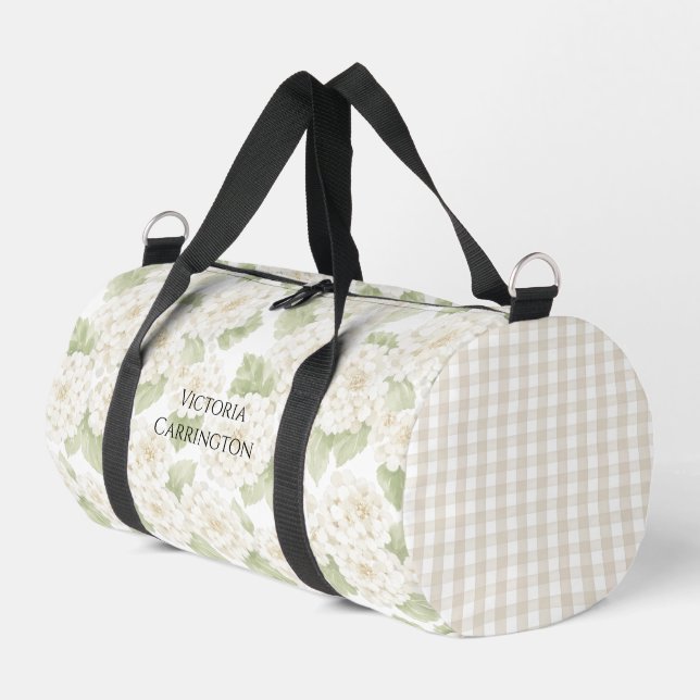 White Hydrangeas Gingham Vintage Duffle Bag (Left Corner)