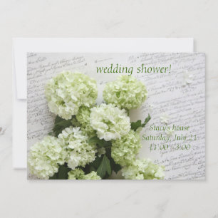 white hydrangeas on script wedding shower invite
