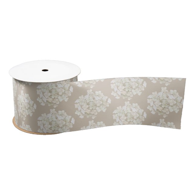 White Hydrangeas on Soft Taupe Satin Ribbon (Spool)
