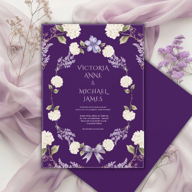 White Hydrangeas Purple Floral Elegant Invitation (Creator Uploaded)