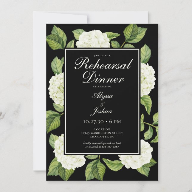 White Hydrangeas Rehearsal Dinner Invitation (Front)