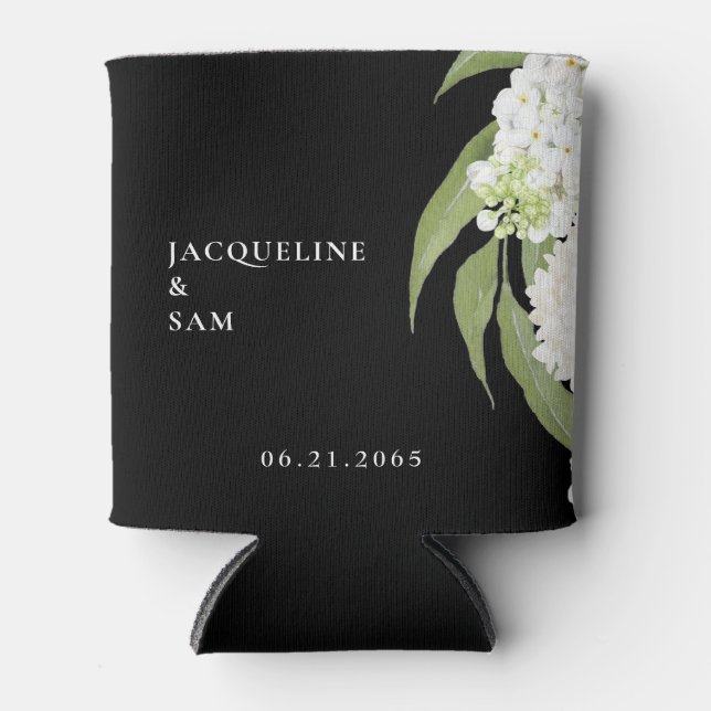White Hydrangeas Wedding Favour Black Can Cooler (Front)