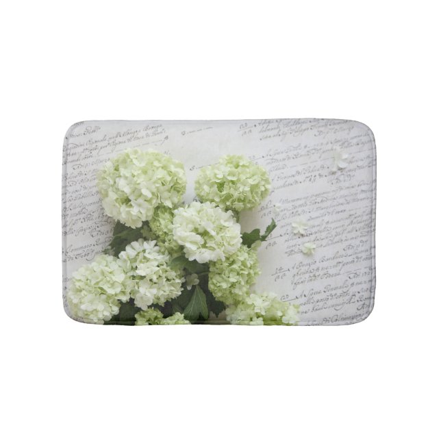 White hydrangeas with script writing bath mat (Front)