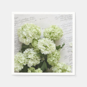 White hydrangeas with script writing napkin