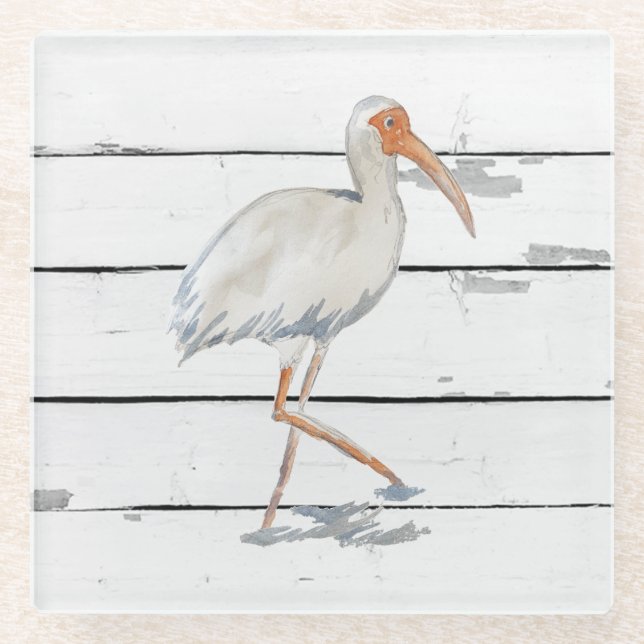 White Ibis Nautical Beach Decor Glass Coaster (Front)