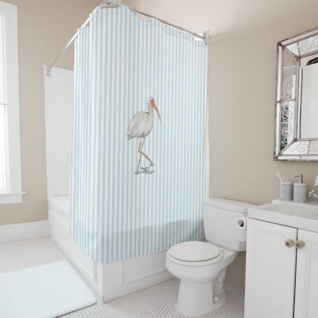 White Ibis Stripe Pattern Coastal Shower Curtain (In Situ)