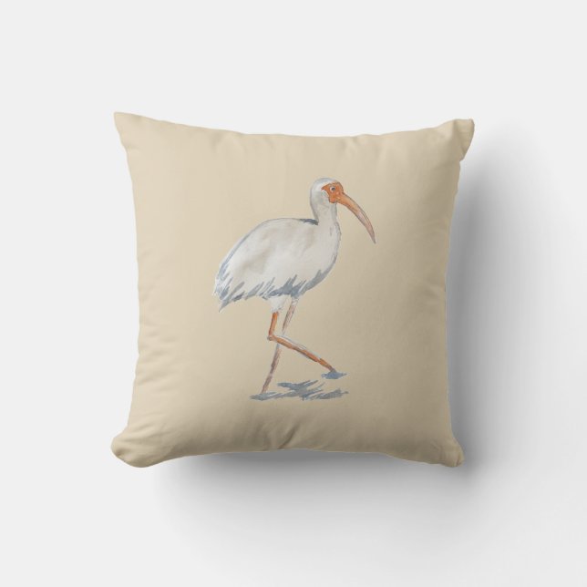 White Ibis Tropical Painting Neutral Pillow (Front)