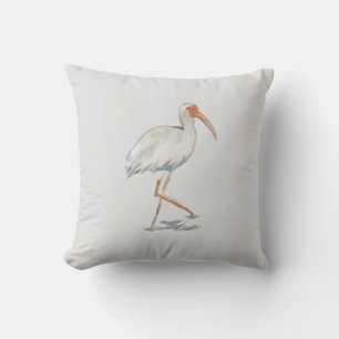 White Ibis Tropical Painting Neutral Pillow