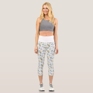 White ice blue gold foliage pattern capri leggings