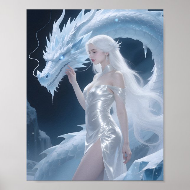White Ice Dragon Queen Fantasy Silver Blue Poster (Front)