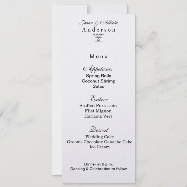 White Ice Shimmer Menu Card for Weddings & Galas (Front)
