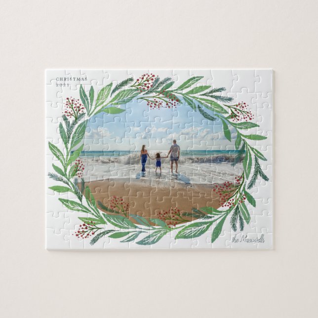  White Illustrated Leaf Wreath Photo Frame Jigsaw Puzzle (Horizontal)