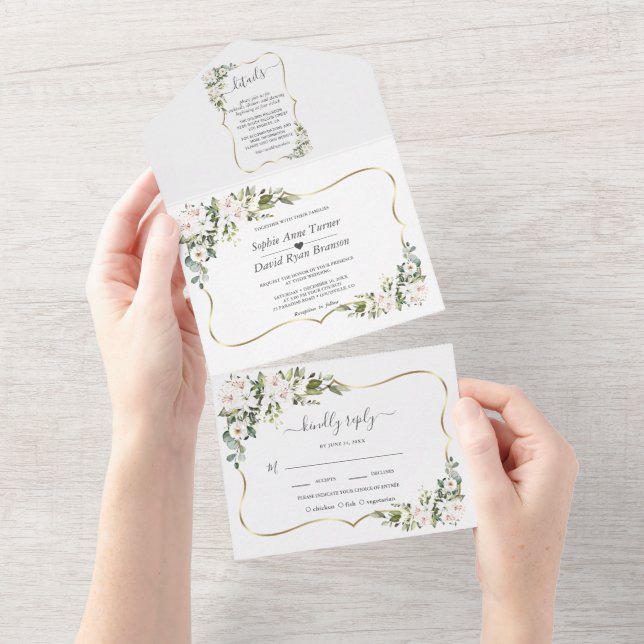 White Imperial Lilies Gold Gold Frame Wedding  All In One Invitation (Tearaway)